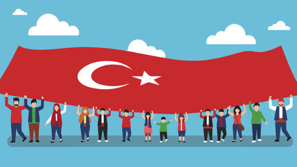 Naklejka premium Diverse Group of People Holding Large Turkish Flag in Celebration