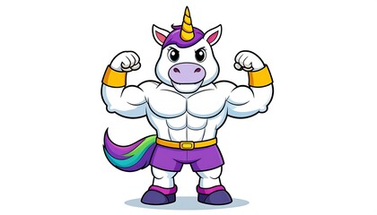 Cartoon unicorn with muscles flexing