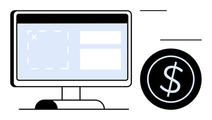 Computer monitor with web interface layout alongside large dollar sign circle. Ideal for e-commerce, online payment, business management, financial planning, digital tools, fintech, simple flat