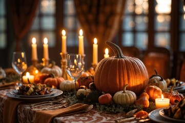 Warmly lit autumn dinner table with roasted vegetables, candles, pumpkin centerpiece, and shallow depth of field emphasizing earthy tones. Halloween party