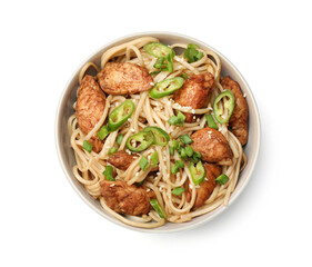 Tasty noodles with chicken, green peppers and sesame seeds isolated on white, top view