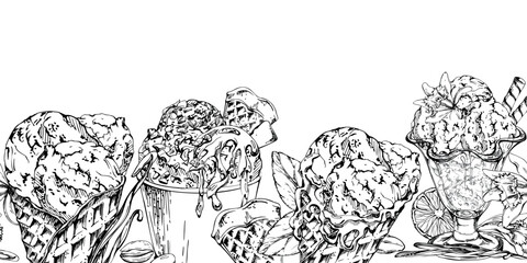 Gelato scoops in waffle cone, paper cup, glass sundae bowl with vanilla flower pods, orange slices, chocolate syrup, mint leaves. graphic seamless banner border illustration hand drawn in vector ink.