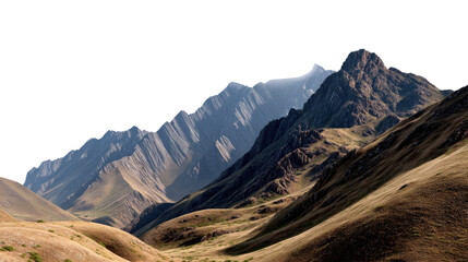 Mountain Majesty: A breathtaking scene unfolds as majestic mountains rise dramatically, their rugged peaks dominating a vast valley landscape. The sun casts shadows across the slopes.