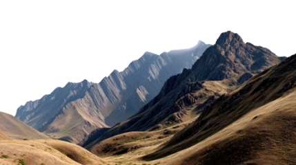 Mountain Majesty: A breathtaking scene unfolds as majestic mountains rise dramatically, their rugged peaks dominating a vast valley landscape. The sun casts shadows across the slopes.