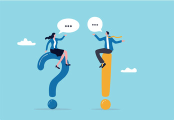 Question and answer, Q&A session, FAQ, frequently asked questions, discussion to get solution to solve problem, brainstorm conversation or quiz concept, businessman and woman ask and answer questions.