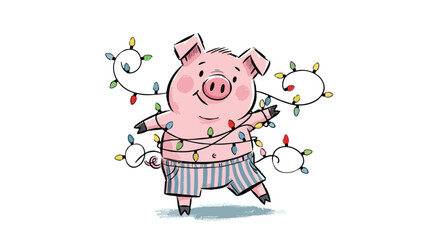 Adorable piglet tangled in festive Christmas lights wearing striped shorts, perfect for holiday cards and seasonal promotions, cheerful and whimsical