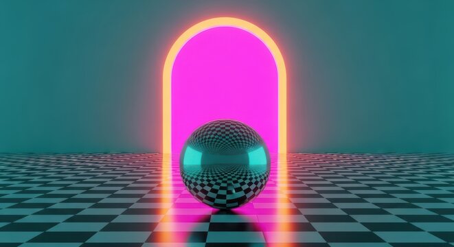 Retro Futuristic Neon Orb Portal Abstract Background