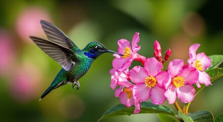 Fototapeta premium A vibrant hummingbird hovers near a cluster of delicate pink flowers, its wings a blur.