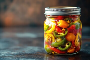 Colorful Pickled Peppers in Glass Jars – Zesty Tangy Condiment for Snacking and Gourmet Cooking Photo.