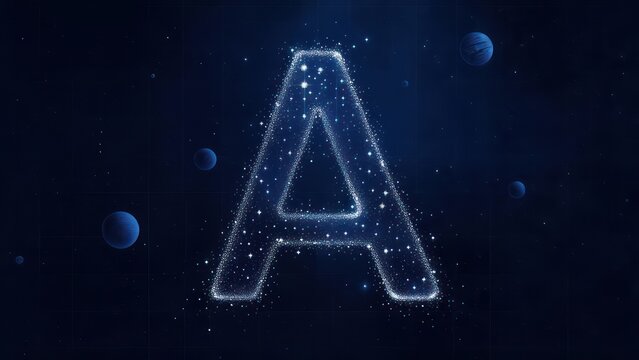 Sparkling letter A formed by shimmering stars and planets floats majestically in a deep cosmic nebula, evoking wonder and aspiration. - Powered by Adobe
