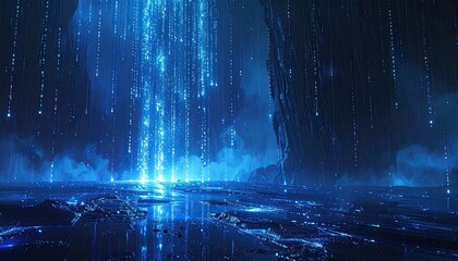 Digital waterfall in a dark, alien landscape