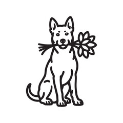 Dog with flowers in mouth A line art illustration.