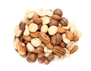 Mix of different nuts isolated on white, top view