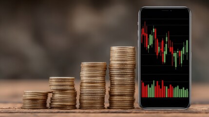 Financial Growth and Market Trends: Coins and Smartphone Displaying Stock Chart