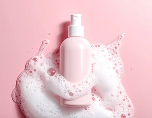 Pink bottle of lotion in a cloud of white foam