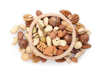 Mix of different nuts in bowl isolated on white, top view