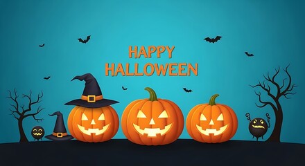 Festive halloween scene with smiling pumpkins and bats in the sky