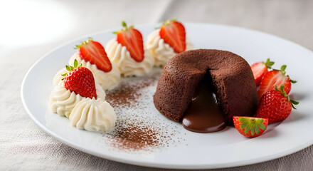 Exquisite chocolate lava cake served with fresh strawberries and whipped cream delight