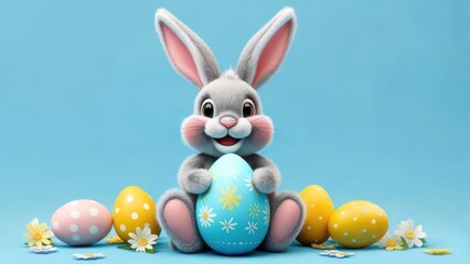 Adorable Easter bunny cradles a decorated egg surrounded by festive painted eggs and delicate spring flowers on a vibrant blue background, perfect for holiday celebrations.
