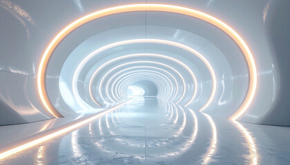 Naklejka premium Sleek, futuristic white tunnel bathed in radiant orange light, showcasing advanced design and a sense of forward motion in a modern technological environment