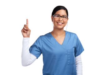 Portrait, smile and woman doctor pointing up, isolated on transparent png background and glasses in health promo. Advice, happy female medical expert or nurse showing healthcare tips or announcement.