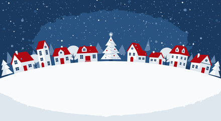 Charming winter village scene with snowy houses and a Christmas tree under falling snow creates a magical holiday atmosphere perfect for greetings © akmal