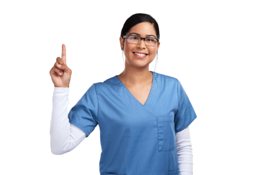 Portrait, smile and woman doctor pointing up, isolated on transparent png background and glasses in health promo. Advice, happy female medical expert or nurse showing healthcare tips or announcement.