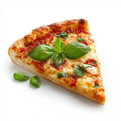 Slice of Margherita Pizza with Fresh Basil on White Background