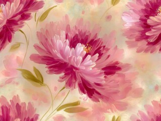 Seamless pattern with large pink peonies with green leaves painted in a traditional brush style on a soft pastel background