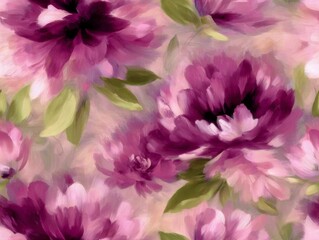 Seamless pattern with blooming pink and purple flowers with green leaves in oil painting style on soft pastel background