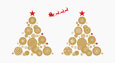 Festive Christmas cheer with golden snowflake trees and Santa's sleigh soaring through the sky, perfect for holiday greetings and seasonal designs © akmal