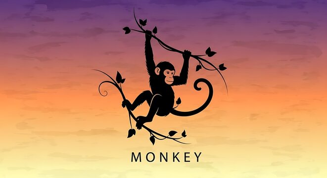 Illustration of a Monkey Hanging on a Branch with Gradient Sunset Backdrop