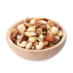 Mix of different nuts in bowl isolated on white