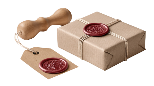Sealed with Tradition: A beautifully wrapped parcel, sealed with a wax seal and tag, evokes a sense of history and care. It's a nod to timelessness in the present.