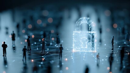Global network security technology showcases digital lock symbol within a connected virtual landscape populated by miniature human figures - Powered by Adobe