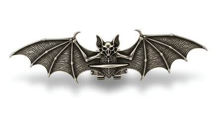 Detailed Silver Bat Figurine with Extended Wings and Skull-like Face