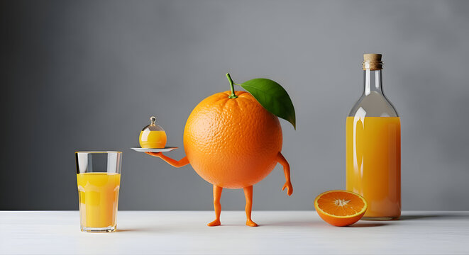 Whimsical orange character offering juice, vibrant and playful still life composition