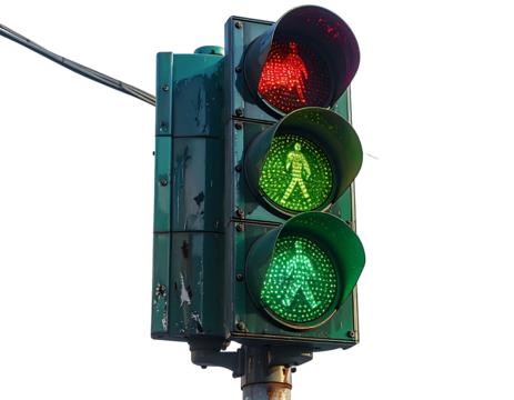 Weathered green traffic signal displays a red light above a walking figure in green, indicating pedestrian crossing.  A lower green light shows a walking figure