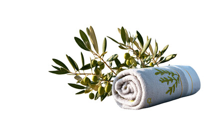 Olive Branch and Towel: A rolled, soft towel nestles beside a vibrant olive branch, adorned with fresh green olives, creating a sense of spa-like tranquility and natural wellness.