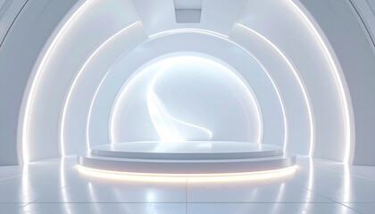 Fototapeta premium Futuristic White Circular Stage with Glowing Neon Lights Architectural 3D Render