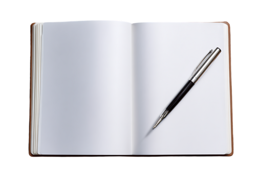 A meticulously arranged open notebook with a sleek, silver and black pen rests invitingly on its pristine white pages, ready for the next chapter. Isolated on transparent background, cutout	