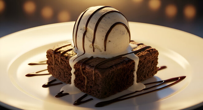 Delicious chocolate brownies with a scoop of vanilla ice cream and chocolate drizzle are displayed