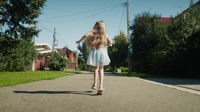 Back view of little girl in light dress running along sunny suburban street with hair bouncing in motion and toy in hand, surrounded by houses, trees, and power lines under clear sky