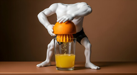 Artistic representation of a muscular statue squeezing fresh orange juice with a juicer