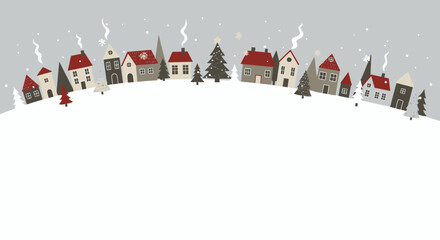 Charming winter village scene with snow-covered houses and Christmas tree, perfect for holiday cards and seasonal greetings, cozy winter aesthetic