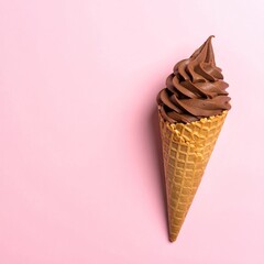 Chocolate ice cream cone on pink background