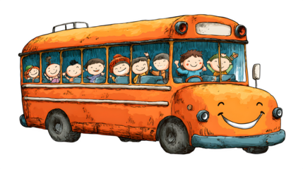 A doodle illustration of a school bus with a big, happy face on the front, with smiling kids in the windows, isolated on a Transparent Background
