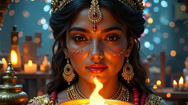 Goddess Bhudevi in Celestial Workshop A 4k Video of Divine Indian Deity with Glowing Background for Spiritual and Artistic Projects
