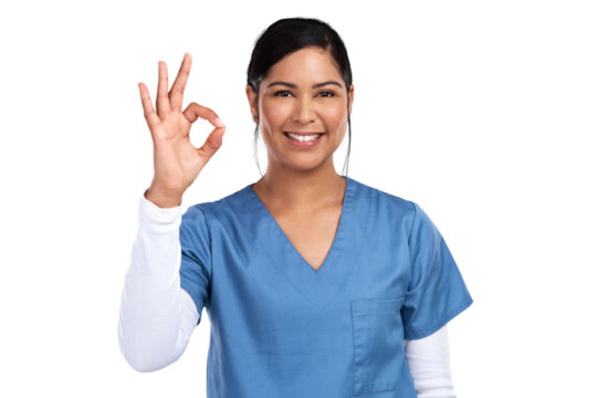 Okay sign, portrait and doctor or woman isolated on transparent, png background for success, yes or good healthcare. Happy medical worker, nurse or surgeon in Mexico with ok emoji for clinic service