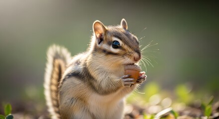 Fototapeta premium Close-up of a chipmunk eating a nut in a forest setting.